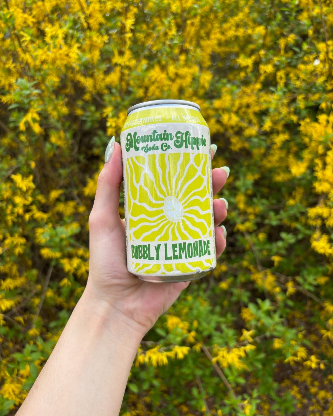 Mountain Hippie Soda Co. Bubble Lemonade being held by person in front of yellow flowers